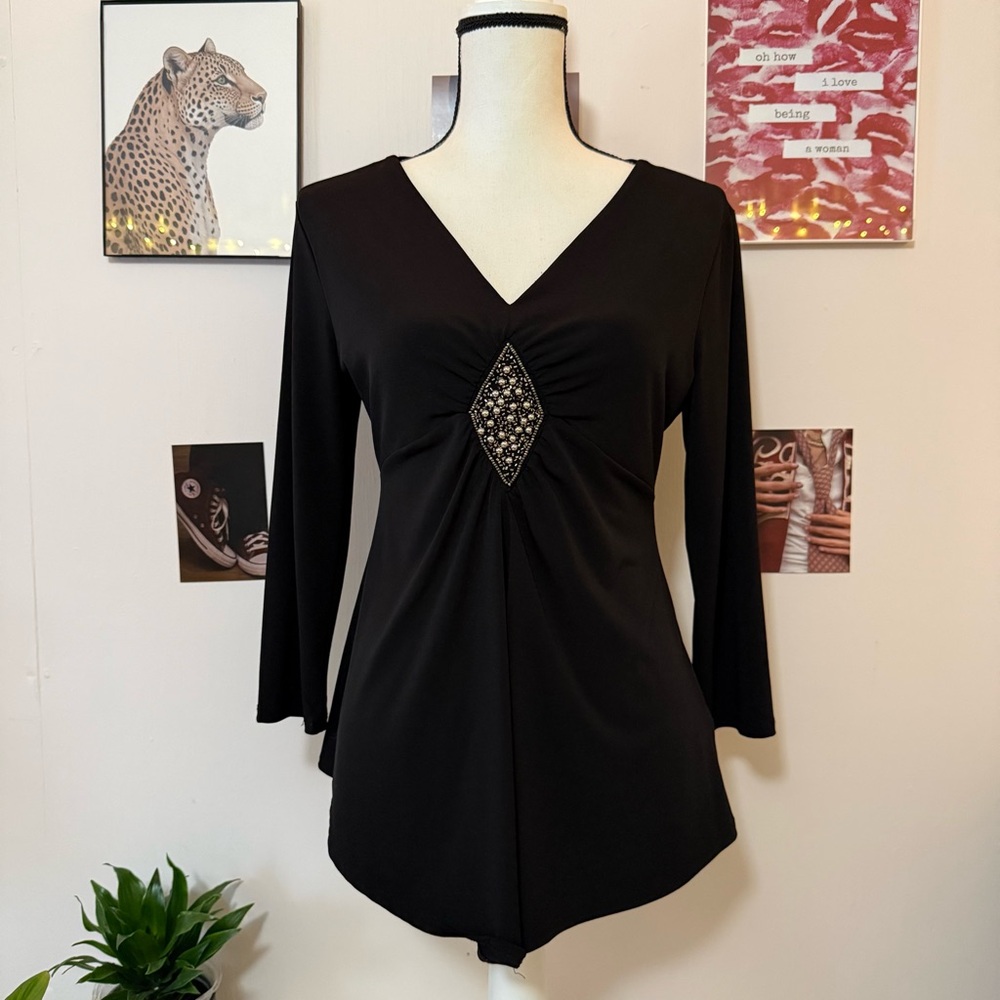 Jaclyn Smith Black V-Neck Blouse with Embellishment